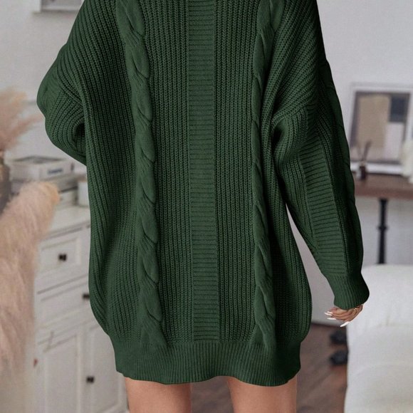 Green Casual Womens Turtleneck Cable Knit Drop Shoulder Sweater Dress - Picture 2 of 6
